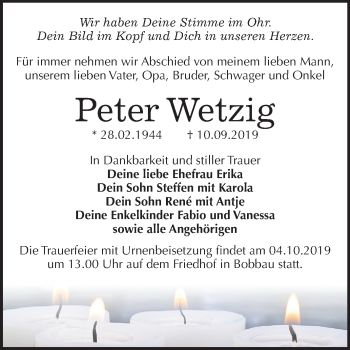 Traueranzeige von Peter Wetzig von Wochenspiegel Bitterfeld