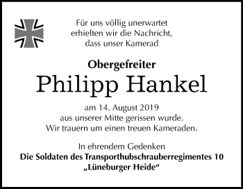 Traueranzeige von Philipp Hankel von Wochenspiegel Bitterfeld