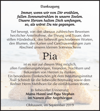 Traueranzeige von Pia Elisabeth Langwald von Wochenspiegel Merseburg/Querfurt