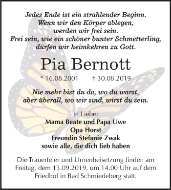 Traueranzeige von Pia Bernott von Mitteldeutsche Zeitung Wittenberg
