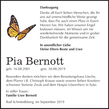 Traueranzeige von Pia Bernott von Mitteldeutsche Zeitung Wittenberg