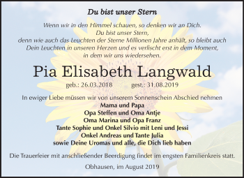 Traueranzeige von Pia Elisabeth Langwald von Mitteldeutsche Zeitung Merseburg/Querfurt