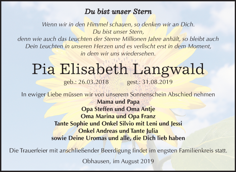  Traueranzeige für Pia Elisabeth Langwald vom 09.09.2019 aus Mitteldeutsche Zeitung Merseburg/Querfurt