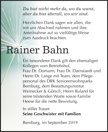 Traueranzeige von Rainer Bahn von Super Sonntag Bernburg