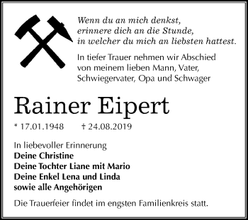 Traueranzeige von Rainer Eipert von Wochenspiegel Mansfelder Land