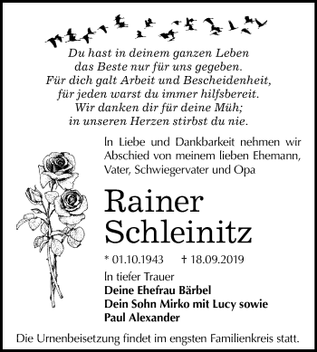 Traueranzeige von Rainer Schleinitz von Mitteldeutsche Zeitung Bitterfeld