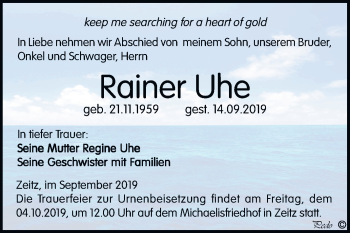 Traueranzeige von Rainer Uhe von Mitteldeutsche Zeitung Zeitz