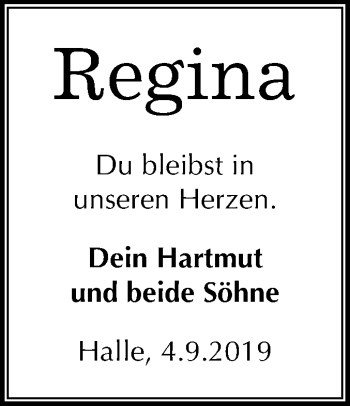Traueranzeige von Regina  von Mitteldeutsche Zeitung Halle/Saalkreis