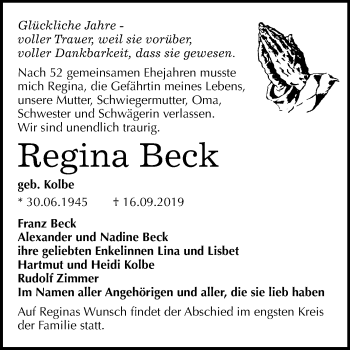 Traueranzeige von Regina Beck von Mitteldeutsche Zeitung Quedlinburg