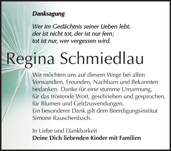 Traueranzeige von Regina Schmiedlau von Super Sonntag Naumburg/Nebra