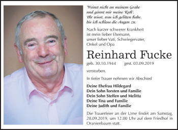 Traueranzeige von Reinhard Fucke von Super Sonntag Wittenberg