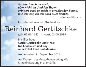 Traueranzeige von Reinhard Gertitschke von Wochenspiegel Aschersleben