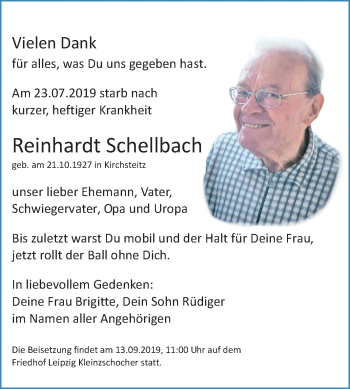 Traueranzeige von Reinhardt Schellbach von Mitteldeutsche Zeitung Zeitz