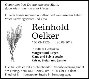 Traueranzeige von Reinhold Oelker von Mitteldeutsche Zeitung Bernburg