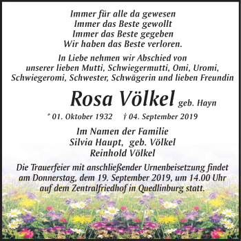 Traueranzeige von Reinhold Völkel von Super Sonntag Quedlinburg