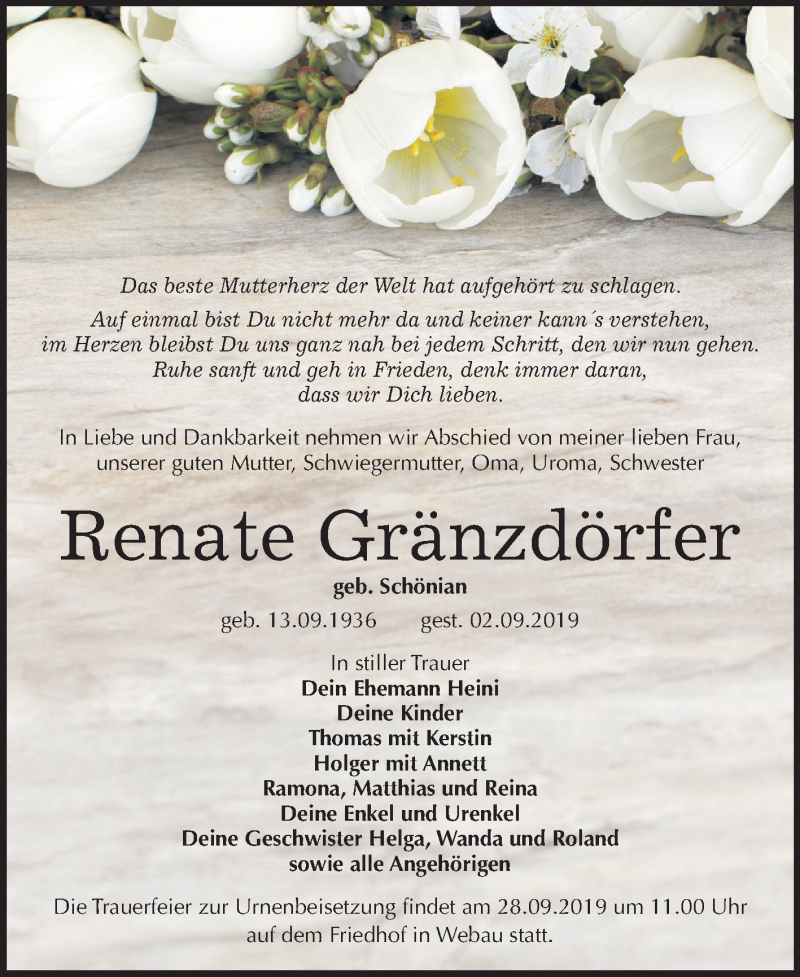  Traueranzeige für Renate Gränzdörfer vom 11.09.2019 aus Wochenspiegel Weißenfels