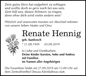 Traueranzeige von Renate Hennig von Mitteldeutsche Zeitung Dessau-Roßlau