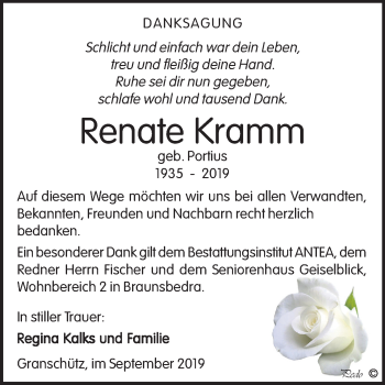 Traueranzeige von Renate Kramm von Mitteldeutsche Zeitung Weißenfels