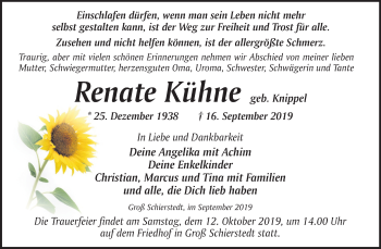 Traueranzeige von Renate Kühne von Super Sonntag Aschersleben