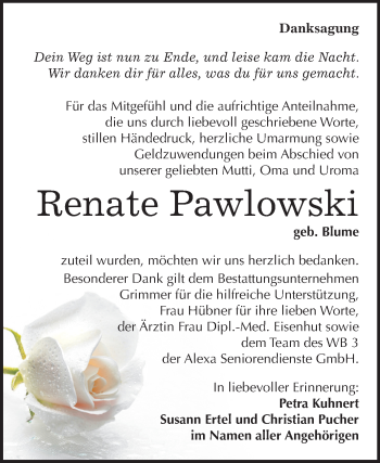 Traueranzeige von Renate Pawlowski von Mitteldeutsche Zeitung Mansfelder Land