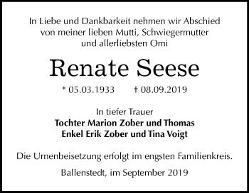 Traueranzeige von Renate Seese von Wochenspiegel Quedlinburg
