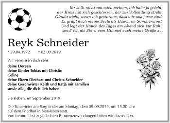 Traueranzeige von Reyk Schneider von Super Sonntag Mansfelder Land