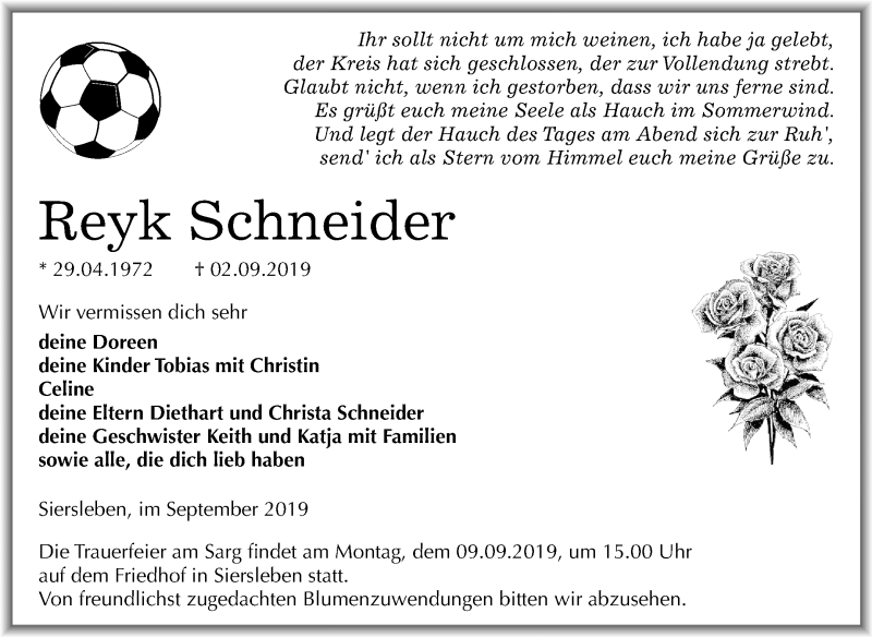  Traueranzeige für Reyk Schneider vom 06.09.2019 aus Mitteldeutsche Zeitung Mansfelder Land
