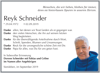 Traueranzeige von Reyk Schneider von Mitteldeutsche Zeitung Mansfelder Land