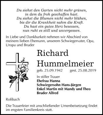 Traueranzeige von Richard Hummelmeier von Mitteldeutsche Zeitung Naumburg/Nebra