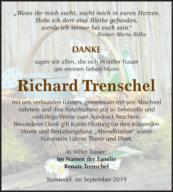 Traueranzeige von Richard Trenschel von Mitteldeutsche Zeitung Weißenfels