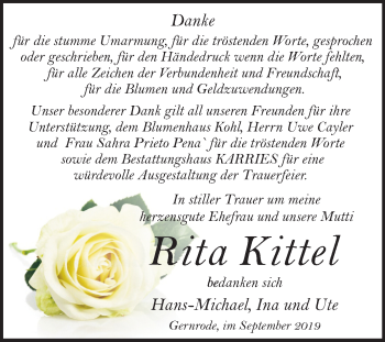 Traueranzeige von Rita Kittel von Mitteldeutsche Zeitung Quedlinburg