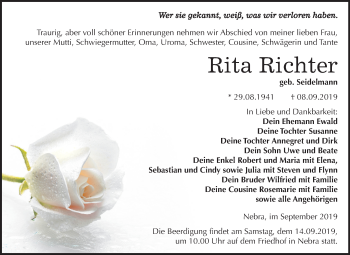Traueranzeige von Rita Richter von Mitteldeutsche Zeitung Naumburg/Nebra