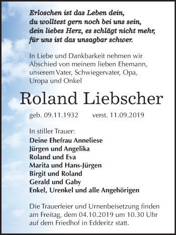 Traueranzeige von Roland Liebscher von Super Sonntag Köthen