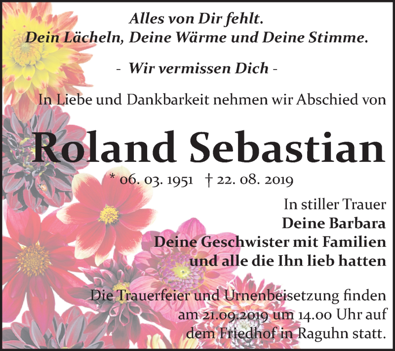  Traueranzeige für Roland Sebastian vom 04.09.2019 aus Wochenspiegel Bitterfeld