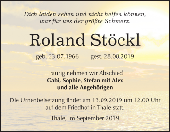 Traueranzeige von Roland Stöckl von Super Sonntag Quedlinburg