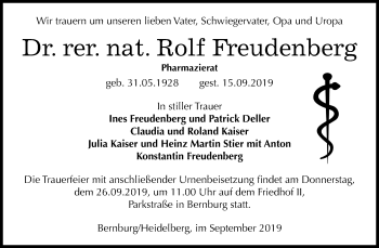 Traueranzeige von Rolf Freudenberg von Super Sonntag Bernburg