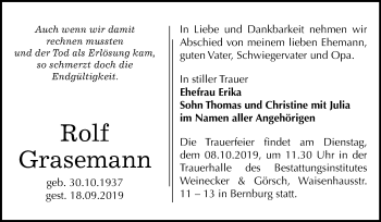 Traueranzeige von Rolf Grasemann von Super Sonntag Bernburg