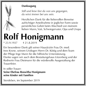 Traueranzeige von Rolf Honigmann von Super Sonntag Mansfelder Land