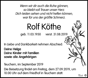 Traueranzeige von Rolf Köthe von Wochenspiegel Weißenfels