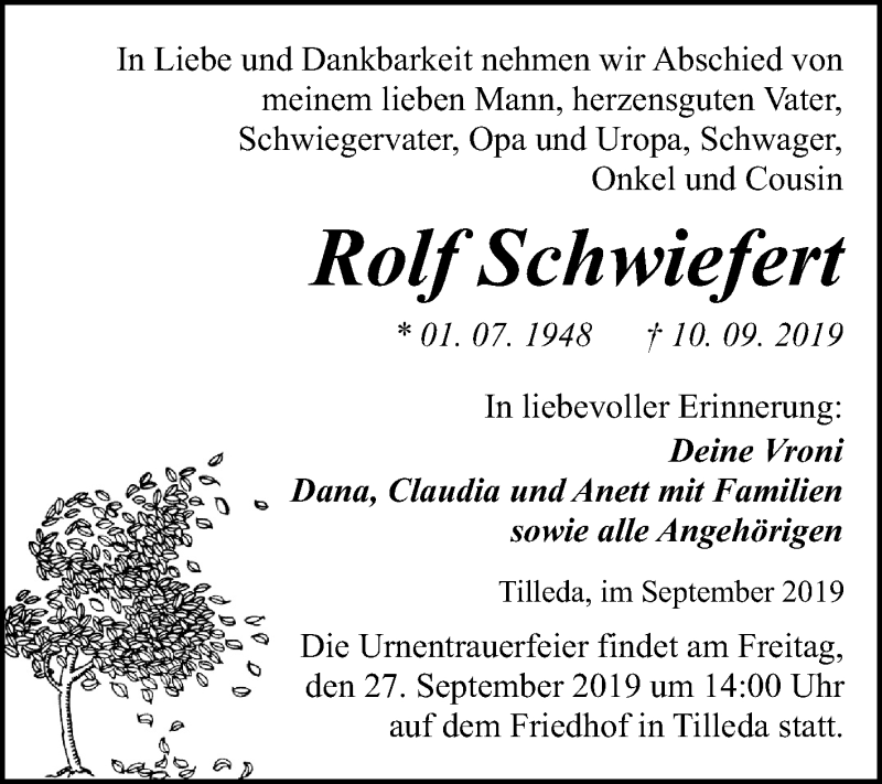  Traueranzeige für Rolf Schwiefert vom 21.09.2019 aus Mitteldeutsche Zeitung Sangerhausen