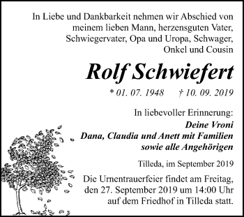 Traueranzeige von Rolf Schwiefert von Super Sonntag Sangerhausen