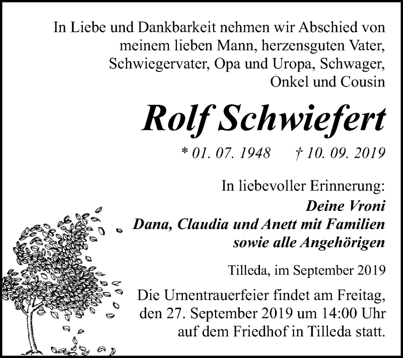  Traueranzeige für Rolf Schwiefert vom 21.09.2019 aus Super Sonntag Sangerhausen