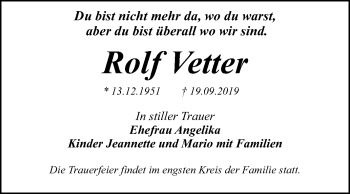 Traueranzeige von Rolf Vetter von Mitteldeutsche Zeitung Dessau-Roßlau
