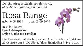 Traueranzeige von Rosa Bange von Mitteldeutsche Zeitung Halle/Saalkreis