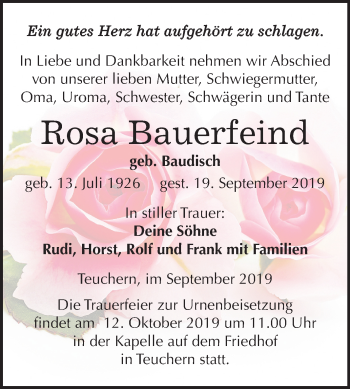 Traueranzeige von Rosa Bauerfeind von Mitteldeutsche Zeitung Weißenfels