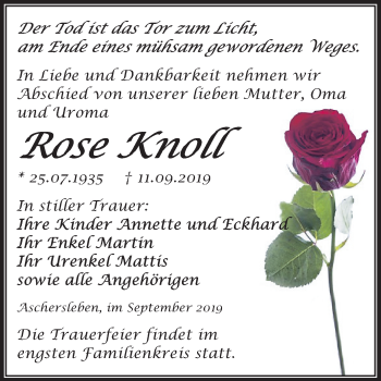 Traueranzeige von Rose Knoll von Super Sonntag Bernburg
