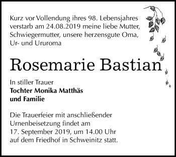 Traueranzeige von Rosemarie Bastian von Mitteldeutsche Zeitung Wittenberg