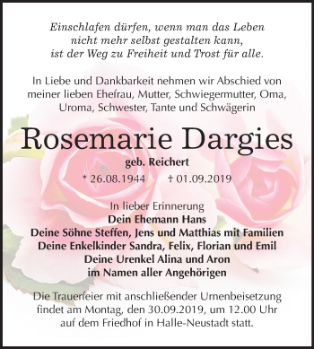 Traueranzeige von Rosemarie Dargies von Mitteldeutsche Zeitung Halle/Saalkreis