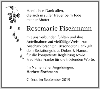 Traueranzeige von Rosemarie Fischmann von Super Sonntag Bernburg