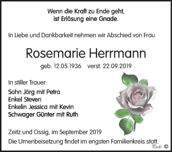 Traueranzeige von Rosemarie Herrmann von Super Sonntag Zeitz
